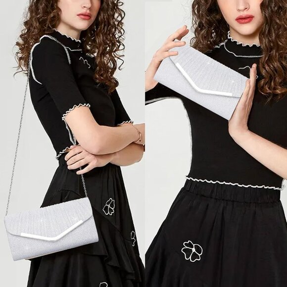 Women's Silver 1 Clutch Purses Sparkling Envelope Evening Bag Detachable Chain - Picture 2 of 7